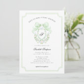Invitation Preppy Botanical Green Bow Monogram Baby Shower (Debout devant)