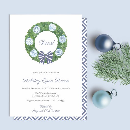 Invitation Preppy Boxwood Wreath Christmas Dracks Party