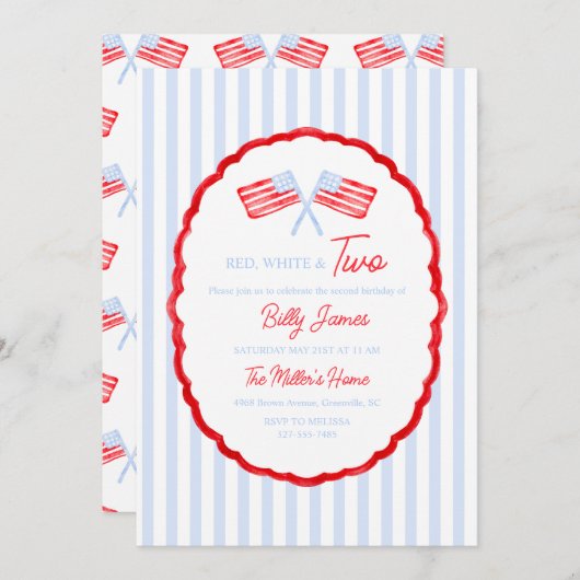 Invitation Preppy Boys Red White & Two Patriotic Birthday (Devant / Derrière)
