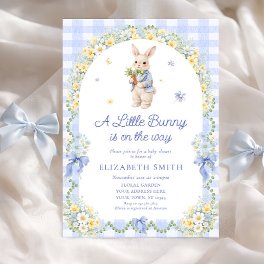 Invitation Preppy Bunny Floral Rabbit Gingham Boy Baby Shower