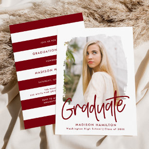 Invitation Preppy Burgundy Script Photo Graduation Party