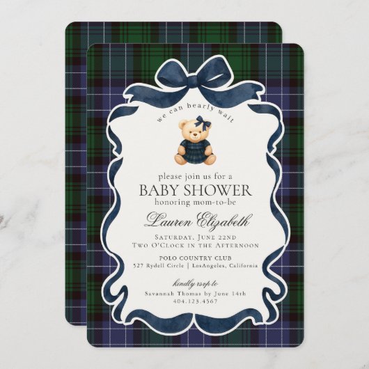 Invitation Preppy Coquette Bow Bear Tartan Plaid Baby Shower (Devant / Derrière)
