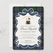 Invitation Preppy Coquette Bow Bear Tartan Plaid Birthday (Devant)