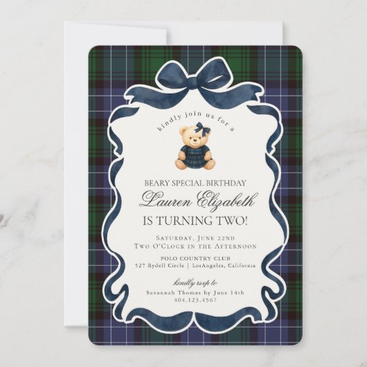 Invitation Preppy Coquette Bow Bear Tartan Plaid Birthday (Devant)