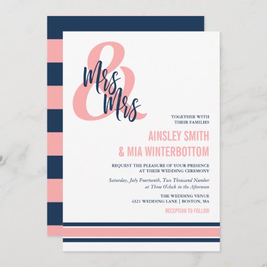 Invitation Preppy Coral & Navy Mme & Mme Mariage (Devant / Derrière)