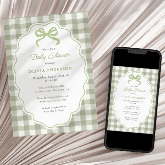 Invitation Preppy Doodle Frame Green Gingham Bow Baby Shower