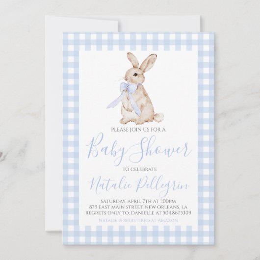 Invitation Préppy En vichy Baby shower de lapin bleu sud (Devant)