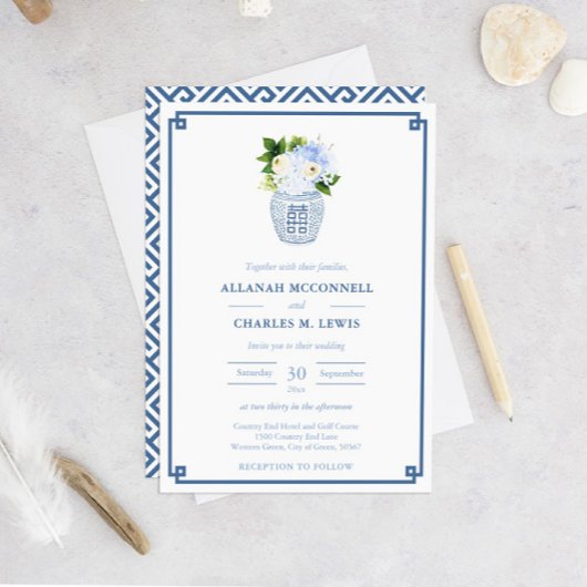 Invitation Préppy Floral Bleu & Blanc Ginger Jar Mariage