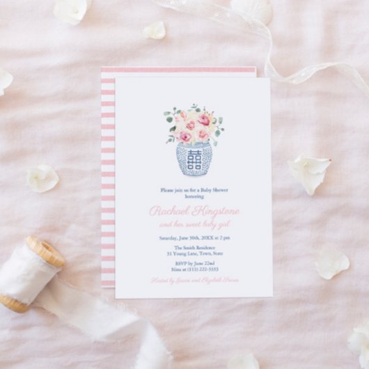 Invitation Preppy Ginger Jar Rose Florals Baby shower fille