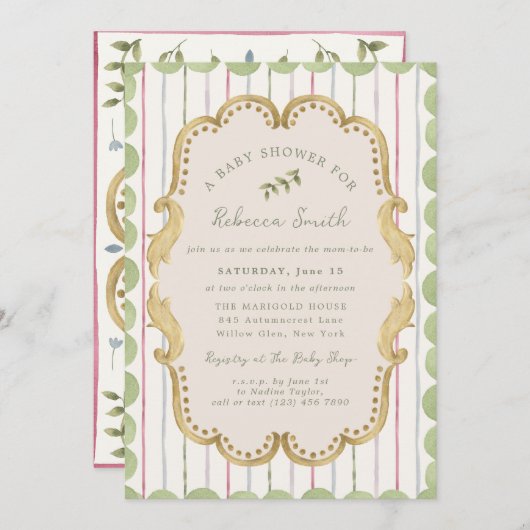 Invitation Preppy Grandmillennial Botanical Frame Baby Shower (Devant / Derrière)