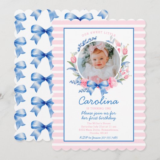 Invitation Preppy Grandmillennial Preppy Floral Blue Bows (Devant / Derrière)