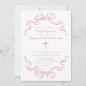 Invitation Preppy Modern Pink Gingham Bow Baptism (Devant)