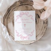 Invitation Preppy Modern Pink Gingham Bow Baptism