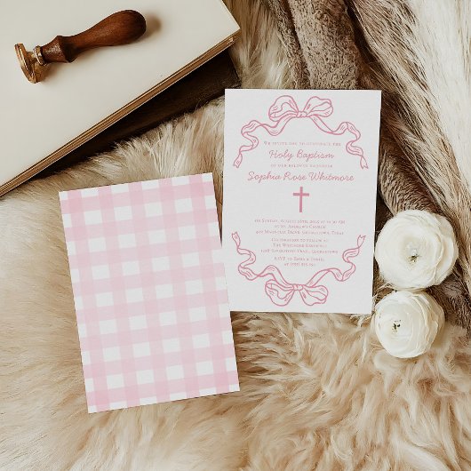 Invitation Preppy Modern Pink Gingham Bow Baptism