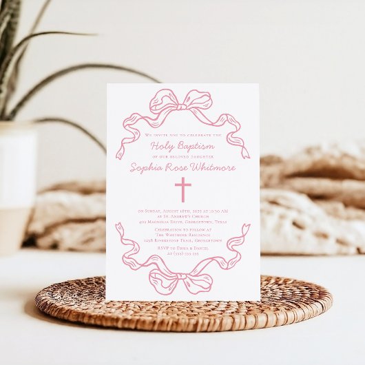 Invitation Preppy Modern Pink Gingham Bow Baptism
