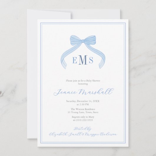 Invitation Preppy Monogram Blue Bow Boy Baby shower Party (Devant)