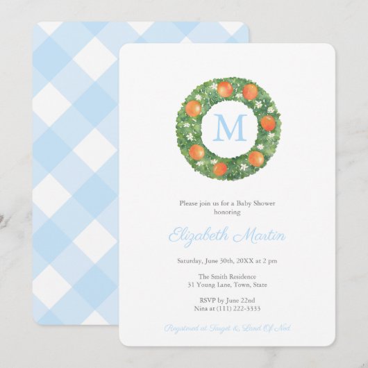Invitation Preppy Monogram Boxwood Wreath Baby shower Party (Devant / Derrière)