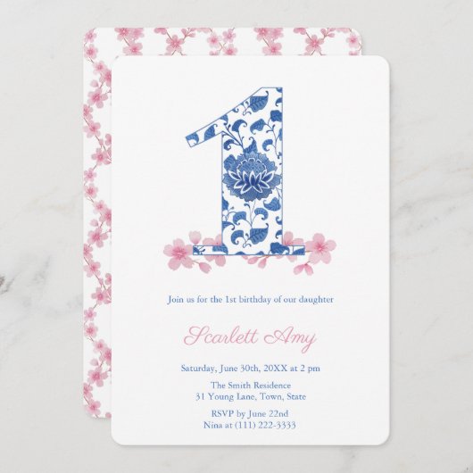 Invitation Preppy Monogramme Fille 1er anniversaire (Devant / Derrière)