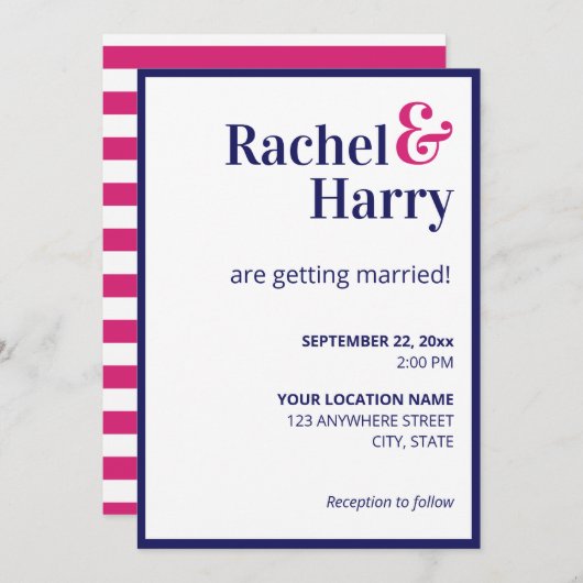 Invitation Preppy Navy Bleu Bordure et Hot Rose Stripes Maria (Devant / Derrière)