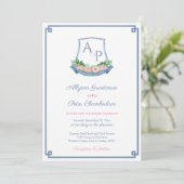 Invitation Preppy Navy et Pink Monogram Crest Mariage (Debout devant)
