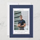 Invitation Preppy Navy Grid One Photo Graduation Announcement (Devant)