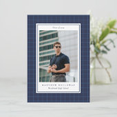 Invitation Preppy Navy Grid One Photo Graduation Announcement (Debout devant)