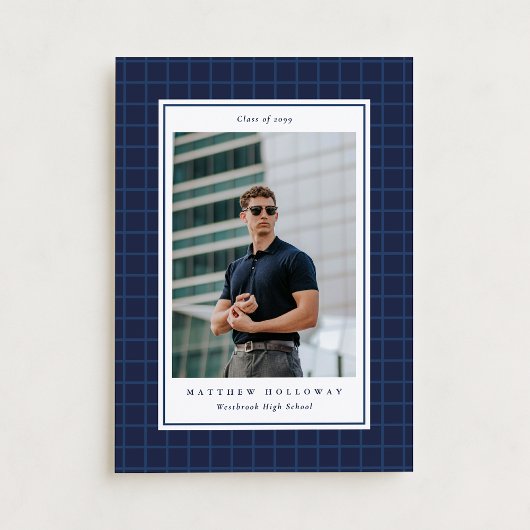 Invitation Preppy Navy Grid One Photo Graduation Announcement