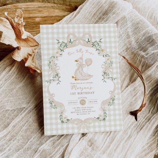 Invitation Preppy One Silly Goose Neutral Bow 1st Birthday