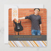 Invitation Preppy Orange Pin Stripes Photo Graduation Party (Devant)