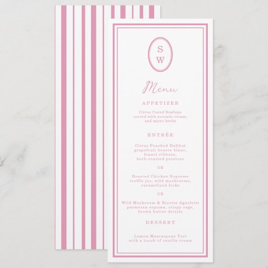 Invitation Preppy Peony Pink Chic Monogram Wedding Menu Card (Devant / Derrière)