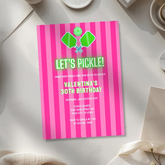 Invitation Preppy Pink and Green Striped Pickleball Birthday
