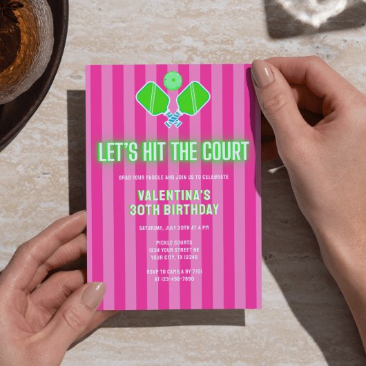 Invitation Preppy Pink and Green Striped Pickleball Birthday