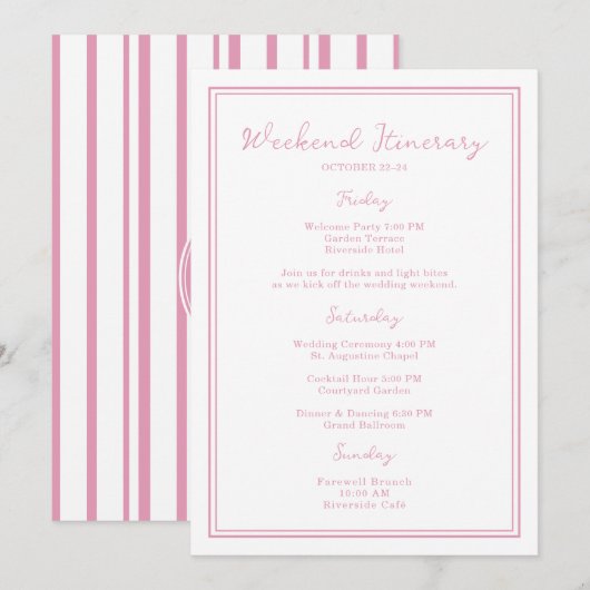 Invitation Preppy Pink Chic Wedding Weekend Itinerary Card (Devant / Derrière)