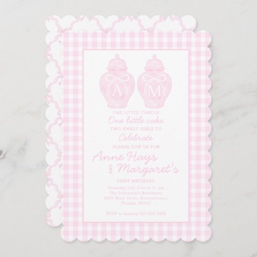 Invitation Preppy Pink Ginger Jar Monogramme Premier annivers (Devant / Derrière)