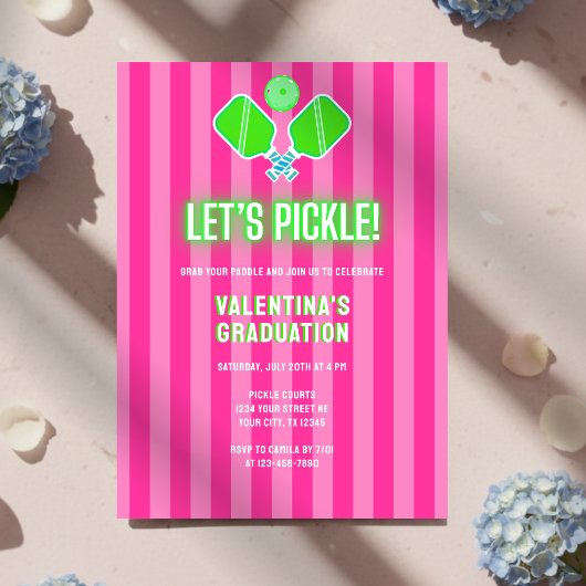 Invitation Preppy Pink Striped Green Pickleball Graduation