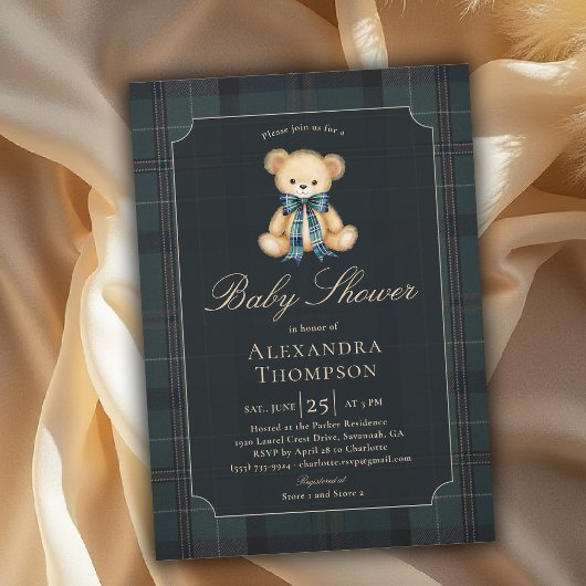 Invitation Preppy Plaid Tartan Teddy Bear Bow Boy Baby Shower
