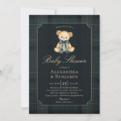 Invitation Preppy Plaid Tartan Teddy Bow Coed Boy Baby Shower (Devant)
