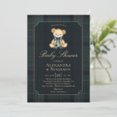 Invitation Preppy Plaid Tartan Teddy Bow Coed Boy Baby Shower (Debout devant)