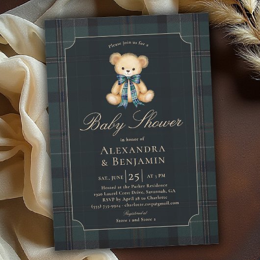 Invitation Preppy Plaid Tartan Teddy Bow Coed Boy Baby Shower