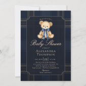 Invitation Preppy Plaid Teddy Bear Bow Blue Boy Baby Shower (Devant)