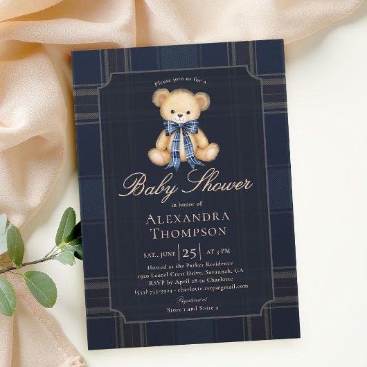 Invitation Preppy Plaid Teddy Bear Bow Blue Boy Baby Shower