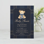 Invitation Preppy Plaid Teddy Bow Blue Coed Boy Baby Shower (Debout devant)