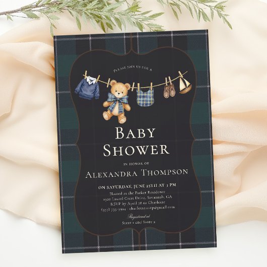 Invitation Preppy Plaid Teddy Bow Clothesline Boy Baby Shower