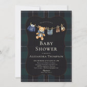Invitation Preppy Plaid Teddy Bow Clothesline Boy Baby Shower (Devant)