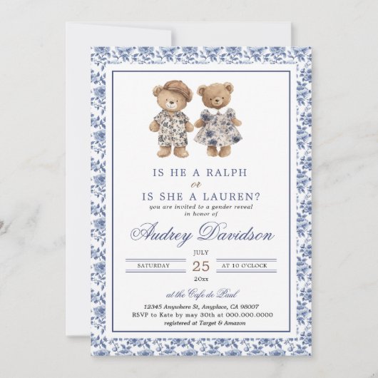 Invitation Preppy Polo Bear Chinoiserie Floral Gender Reveal  (Devant)