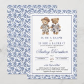 Invitation Preppy Polo Bear Chinoiserie Floral Gender Reveal  (Devant / Derrière)