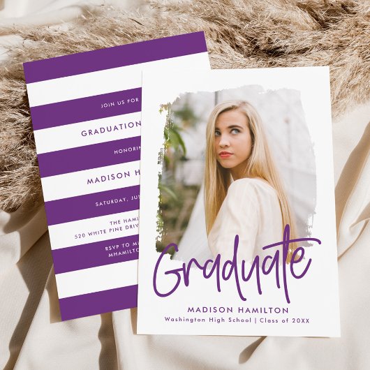Invitation Preppy Purple Script Photo Graduation Party