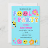 Invitation Preppy Retro Y2K Pool Party Joyeux visage Annivers (Devant)