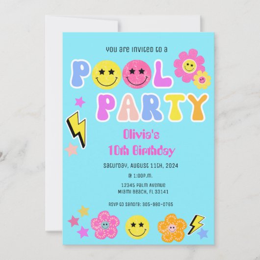 Invitation Preppy Retro Y2K Pool Party Joyeux visage Annivers (Devant)