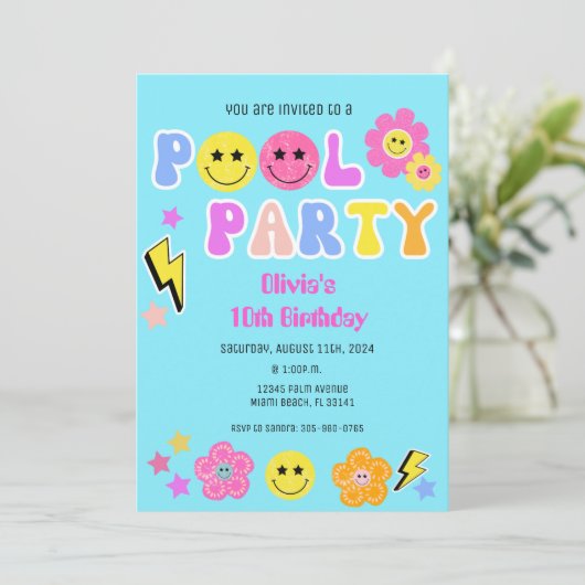Invitation Preppy Retro Y2K Pool Party Joyeux visage Annivers (Debout devant)